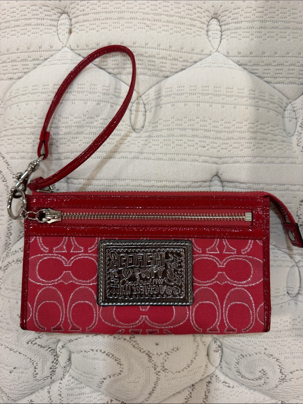 Coach Red Signature Wristlet with Silver Plaque